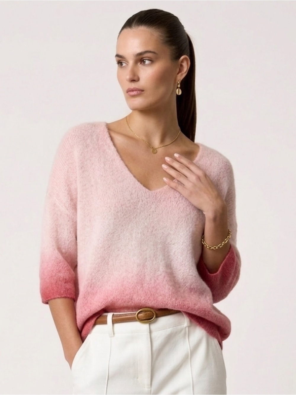 Oui Paris NWT Premium Alpaca Knit Ombre V-Neck Luxury Knit Pink Pullover 36